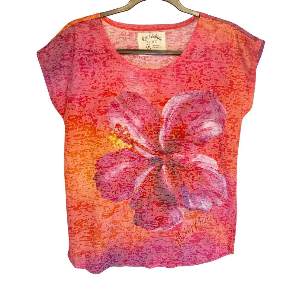 Kai Wahine Orange Ombré Red Hibiscus T-shirt Medium